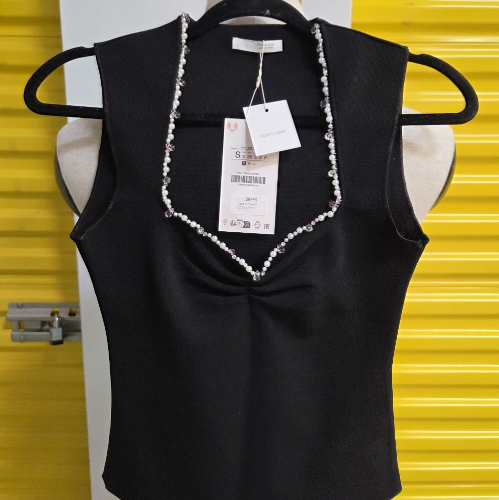 Zara Black Sleeveless Top with Beaded Neckline